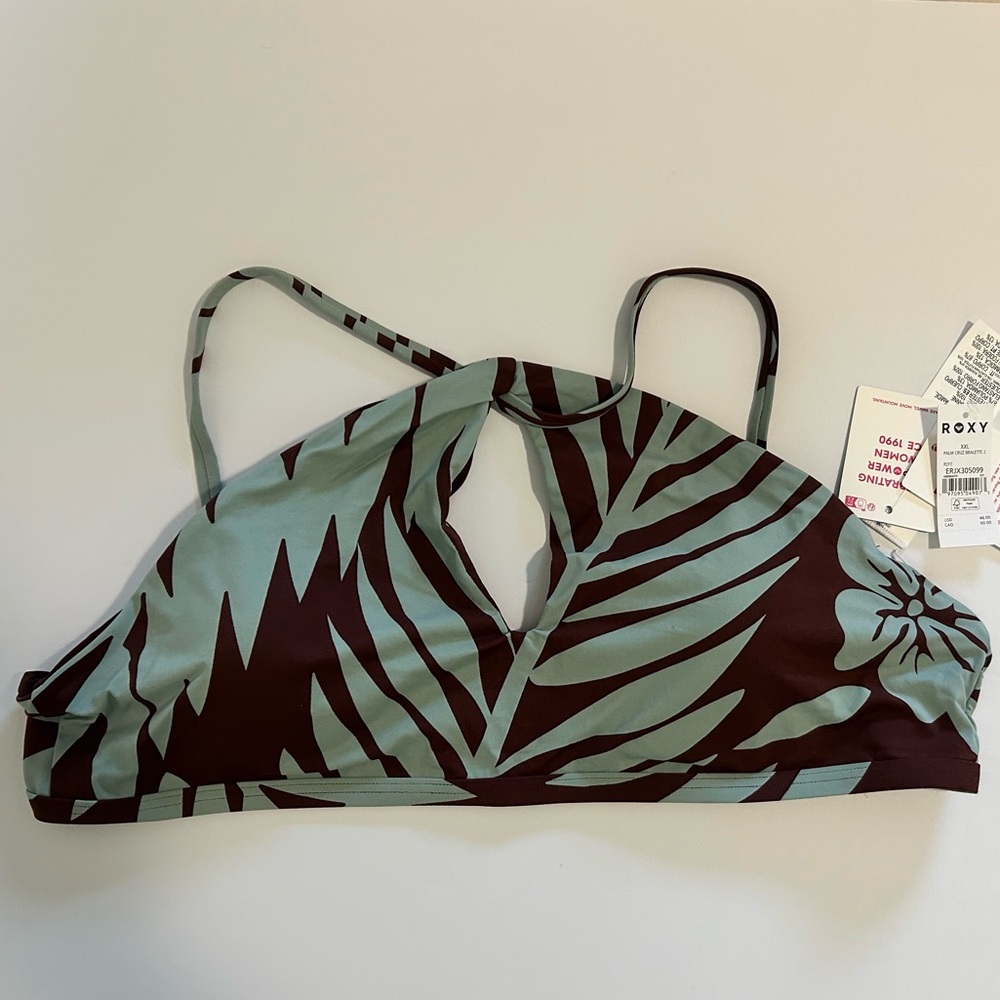 Roxy Brown & Light Blue Leaf Halter | Palm Cruz Keyhole Bikini Top | XXL